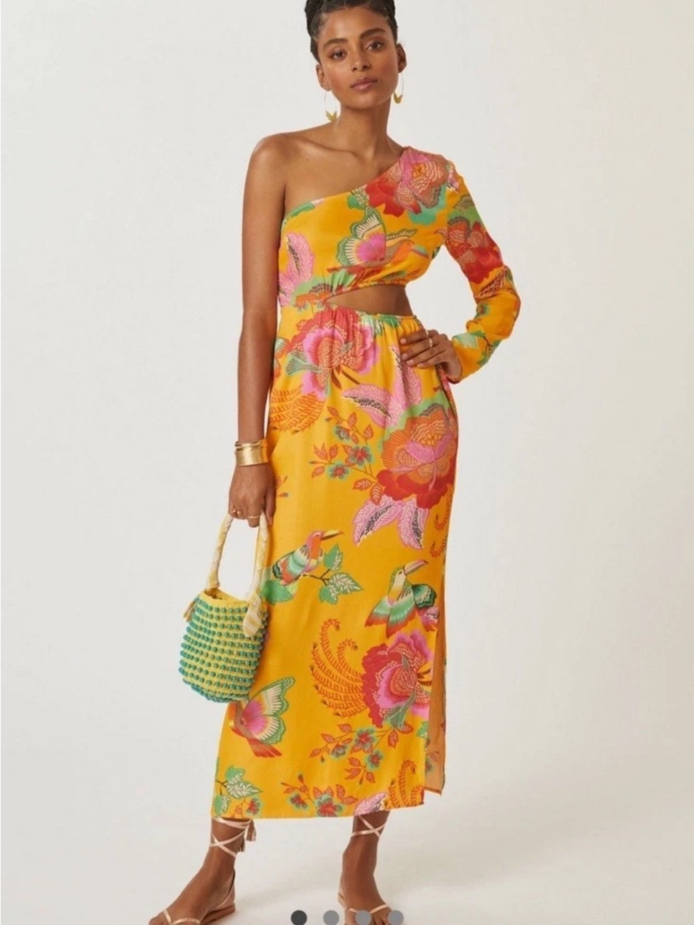 Farm Rio Maxi Tropical Dress Women’s Small Floral Macaw One Shoulder Cut Out B11